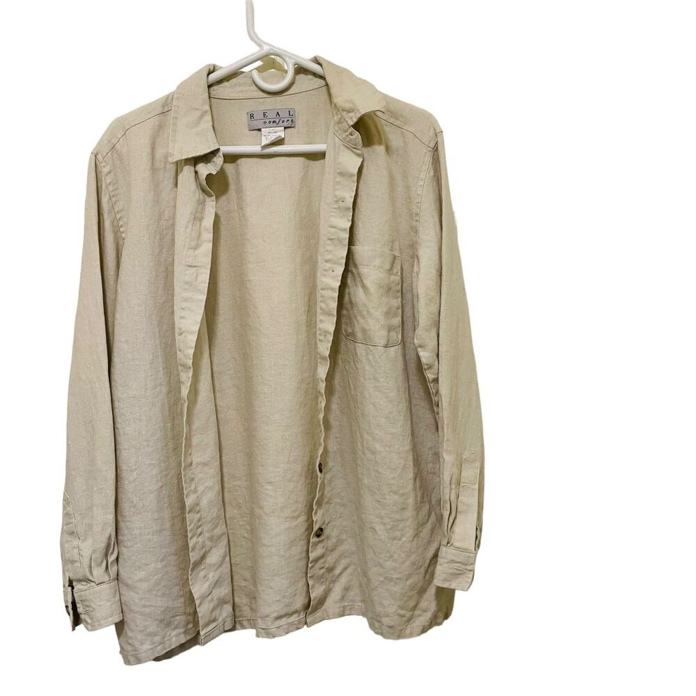 Real‎ Comfort Mens Shirt Long Sleeve Button-Up Beige  Size L